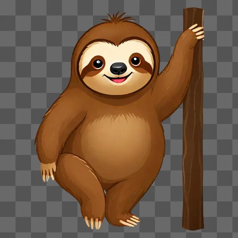 A cartoon sloth holding onto a stick