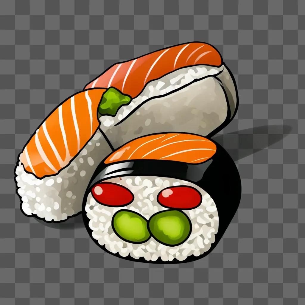 A cartoon sushi drawing features a piece of sushi and another with two pieces of salmon