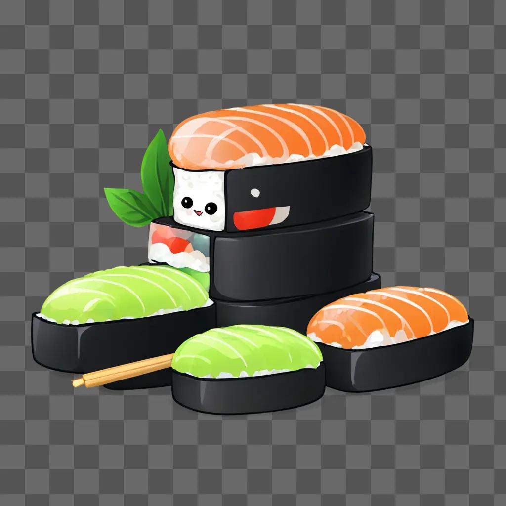 A cartoon sushi drawing featuring a cute kawaii character