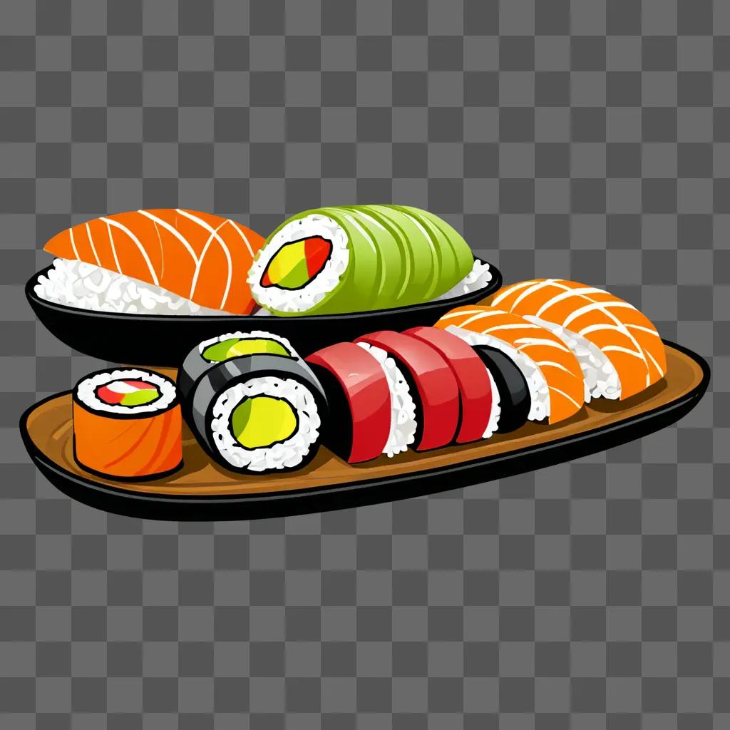 A cartoon sushi drawing on a brown plate