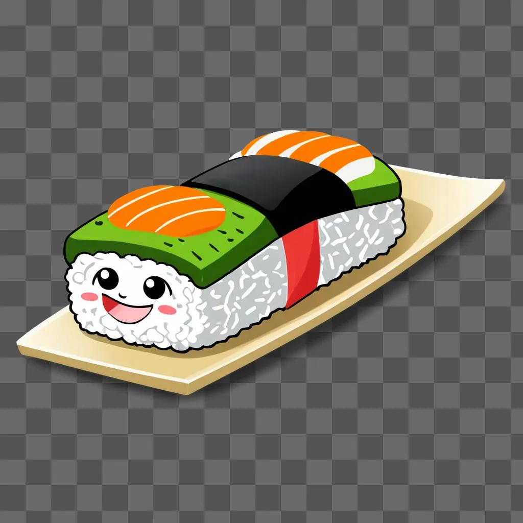 A cartoon sushi drawing on a wooden board