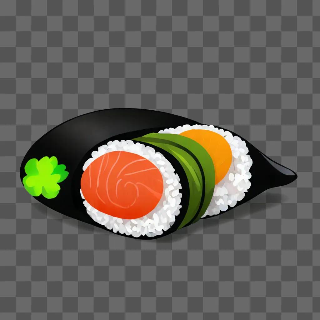 A cartoon sushi drawing with a cherry leaf on it