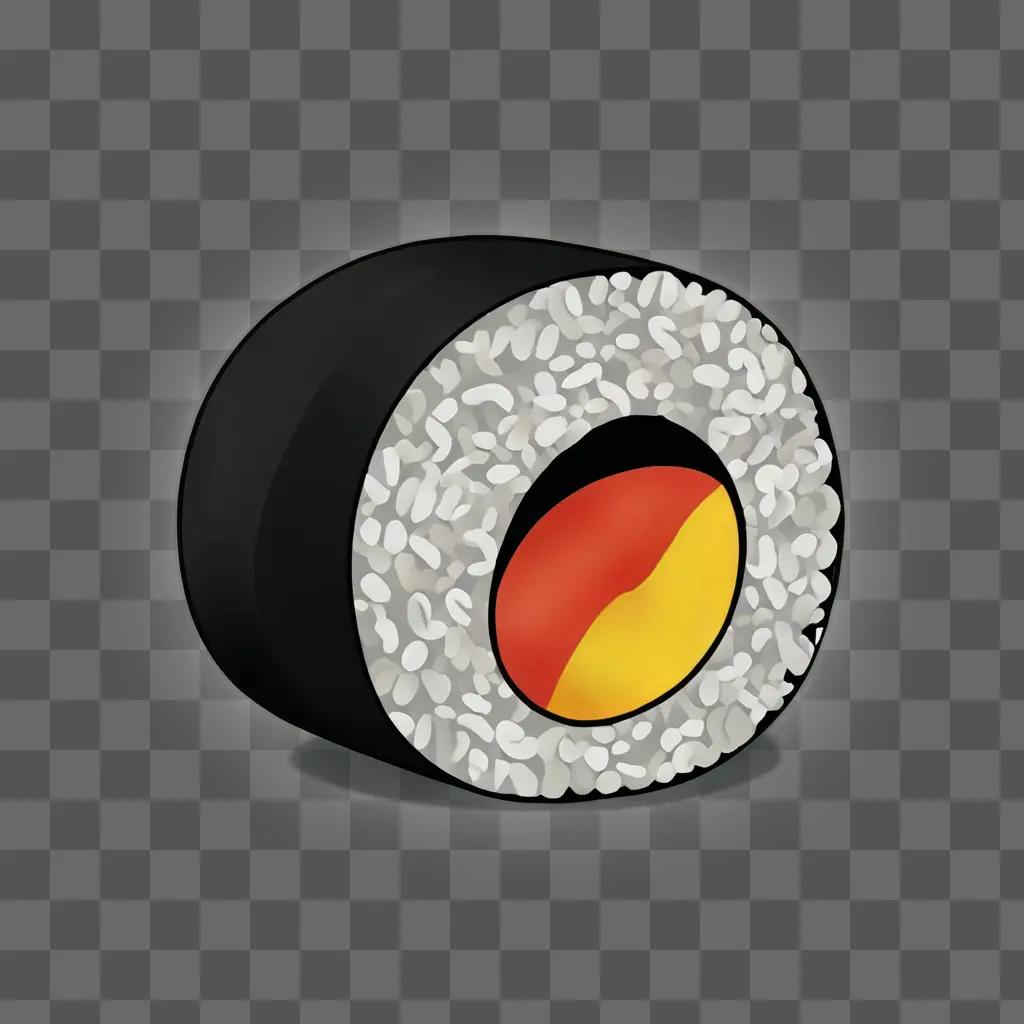 A cartoon sushi drawing with a red and yellow circle