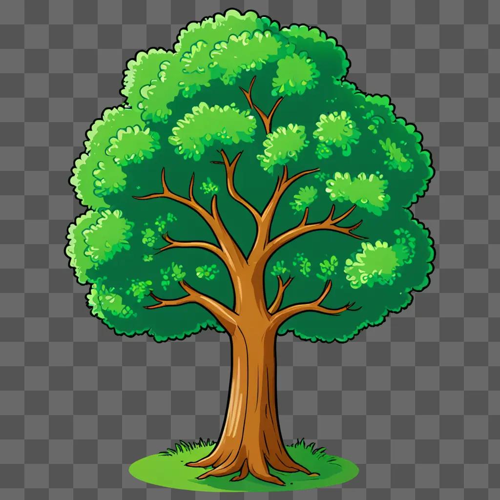 A cartoon tree drawing is green and has leaves