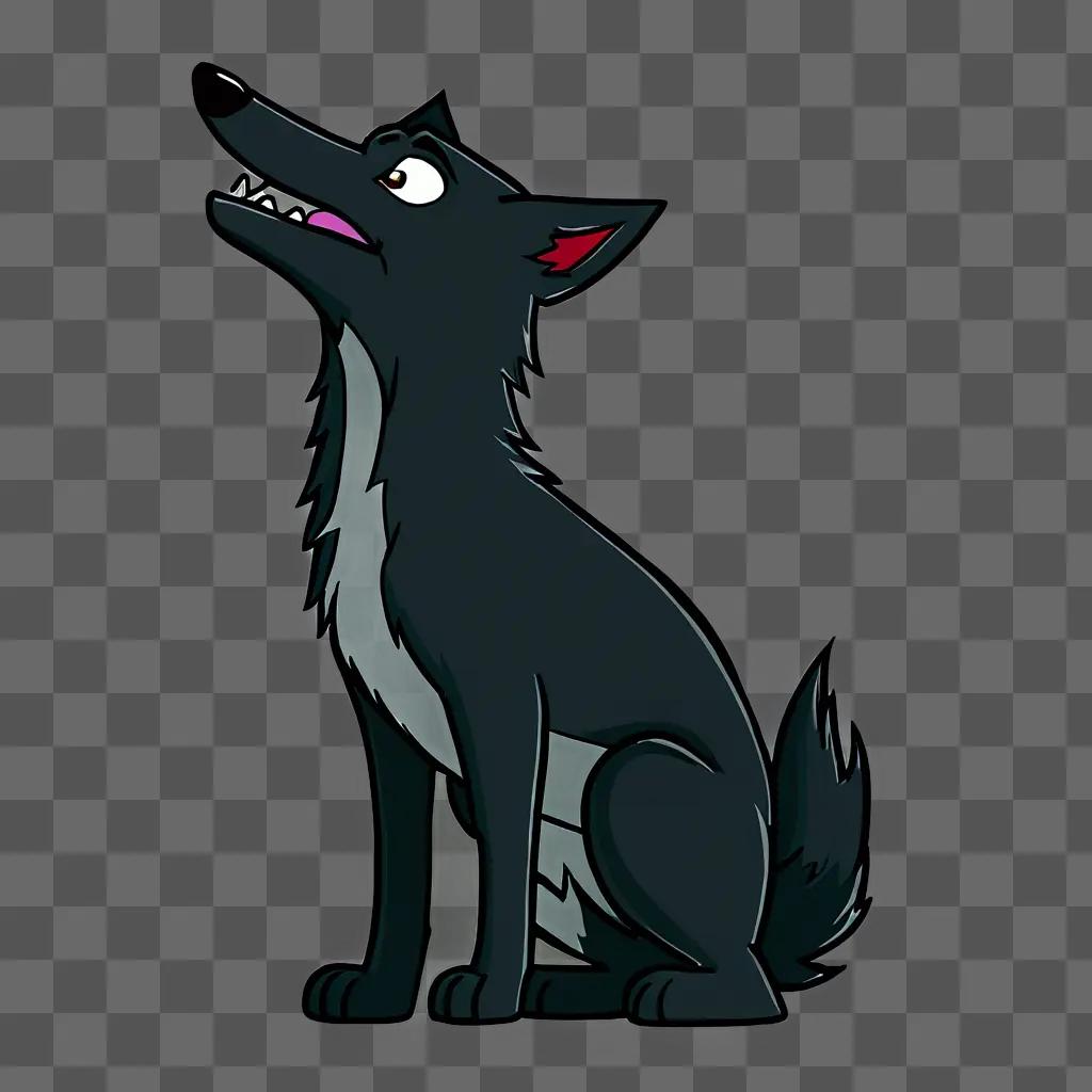 A cartoon wolf drawing is on a dark background