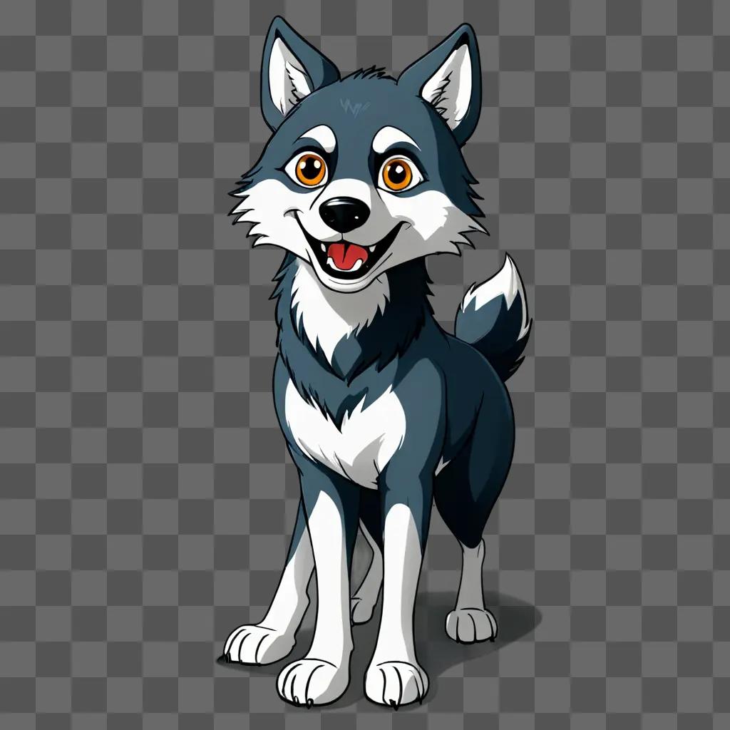 A cartoon wolf drawing of a smiling dog