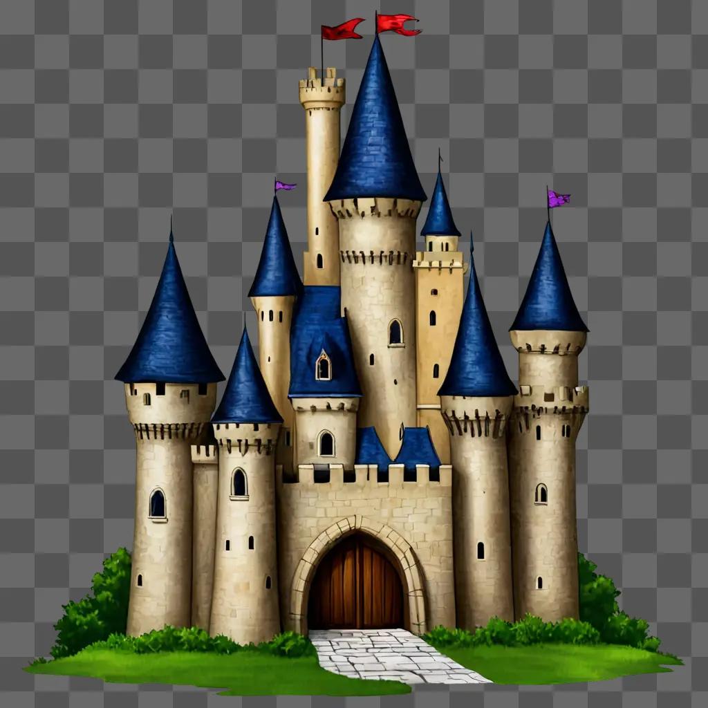 A castle drawing for kids features a castle with a blue roof