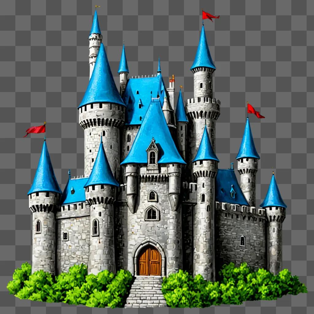 A castle drawing with colour and red flags