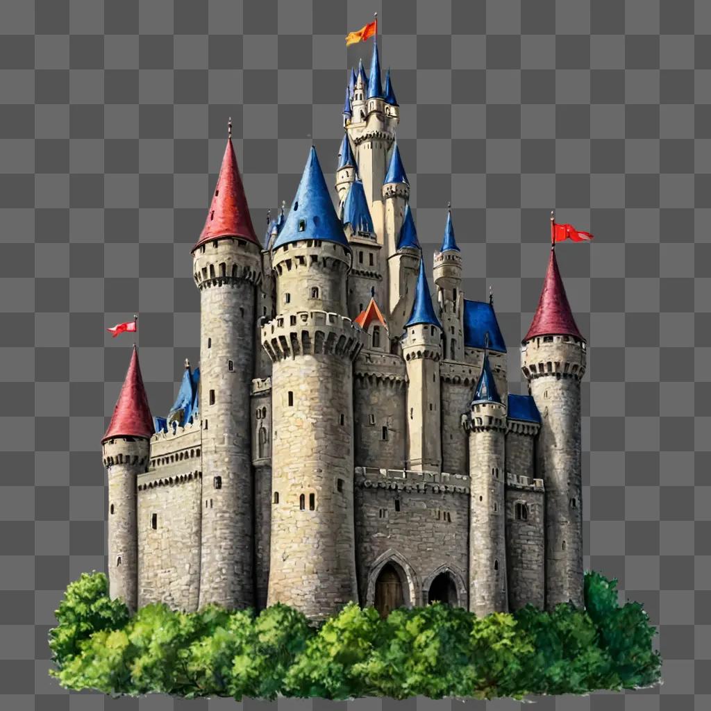 A castle drawing with colour has a green background