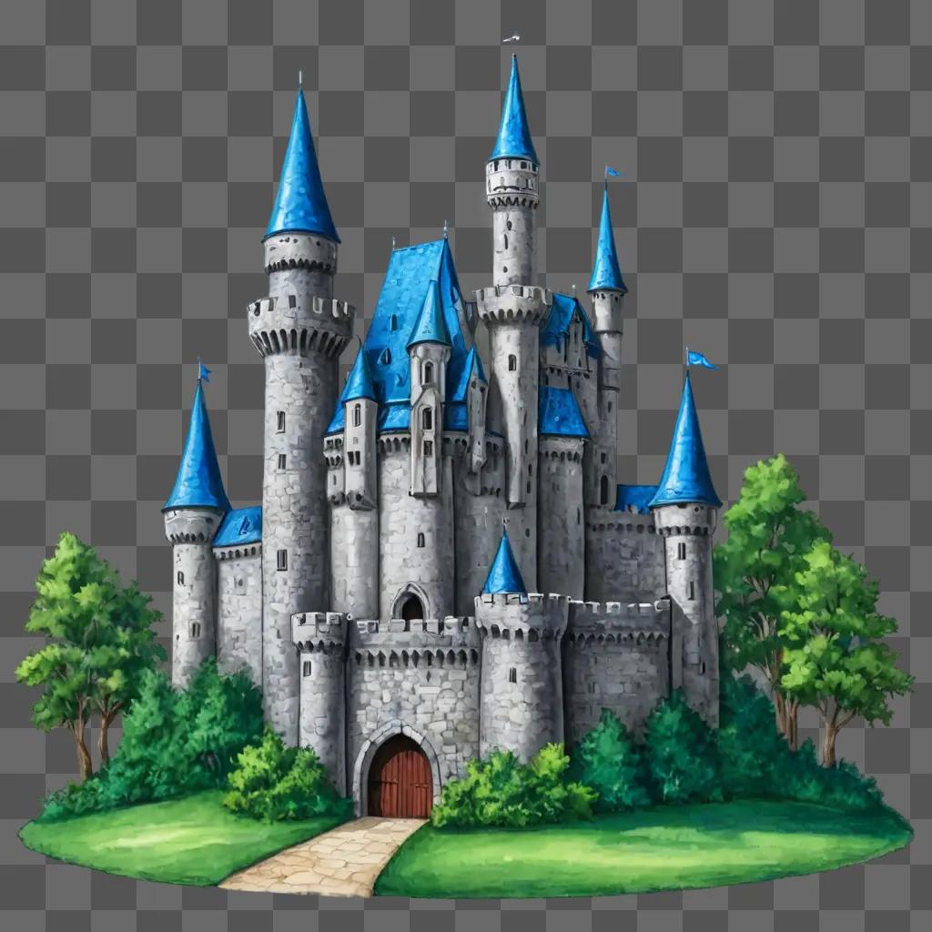 A castle drawing with colour on a green background