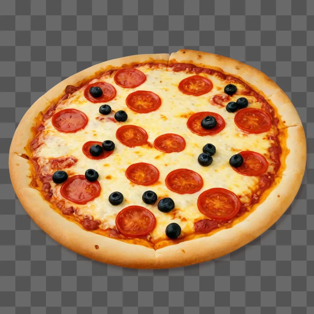 A cheese pizza with tomato and black olives