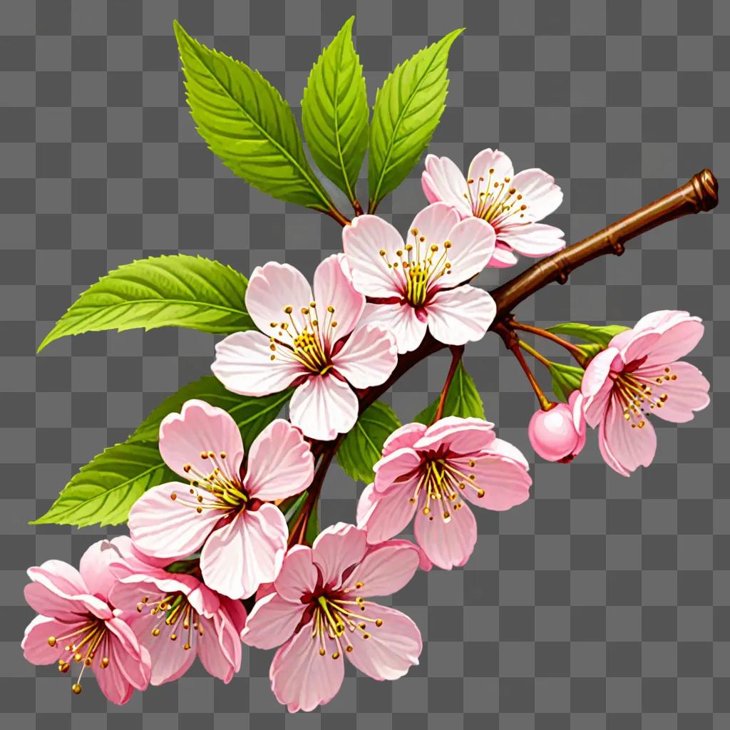 A cherry blossom branch with pink flowers and green leaves