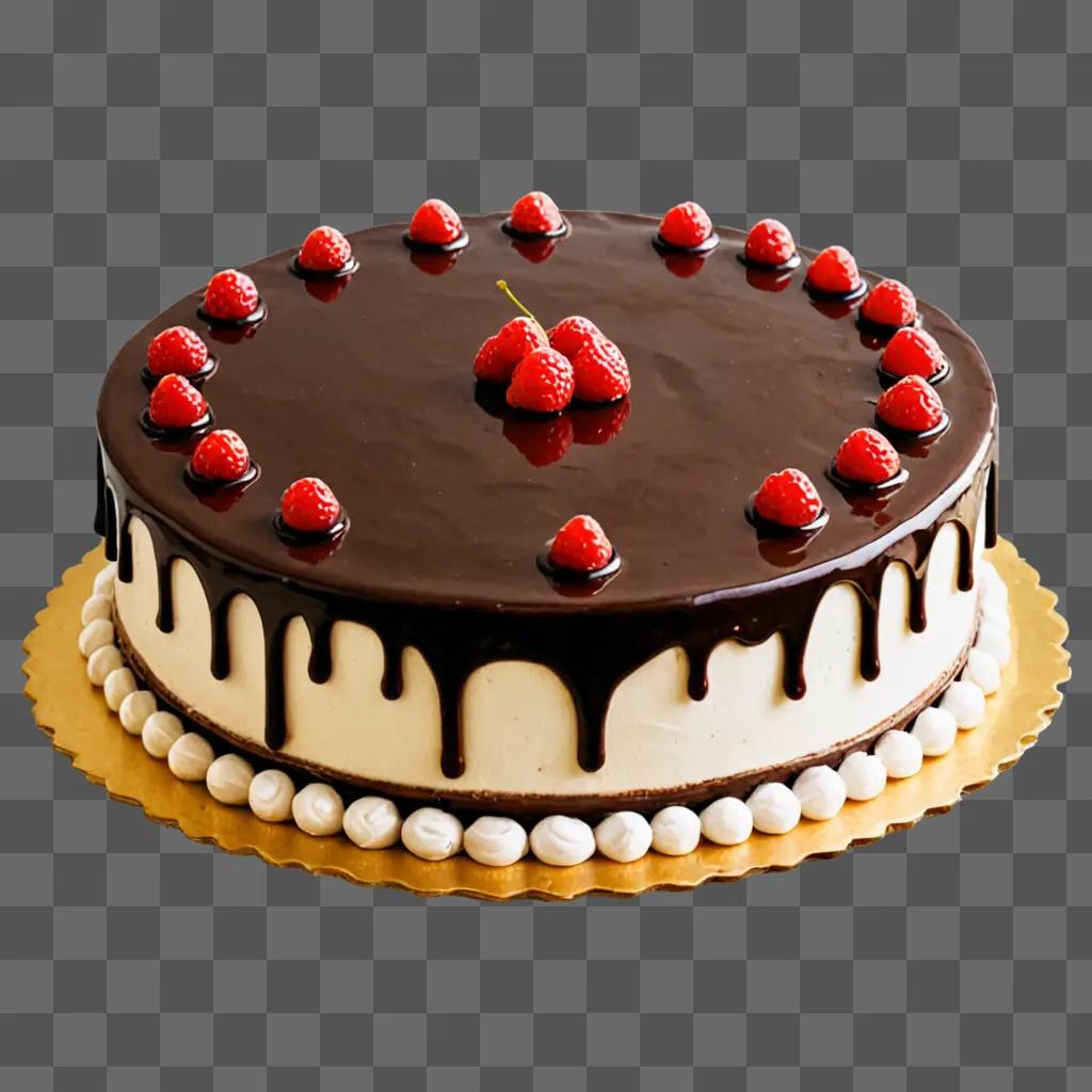 A chocolate cake with berries and cream