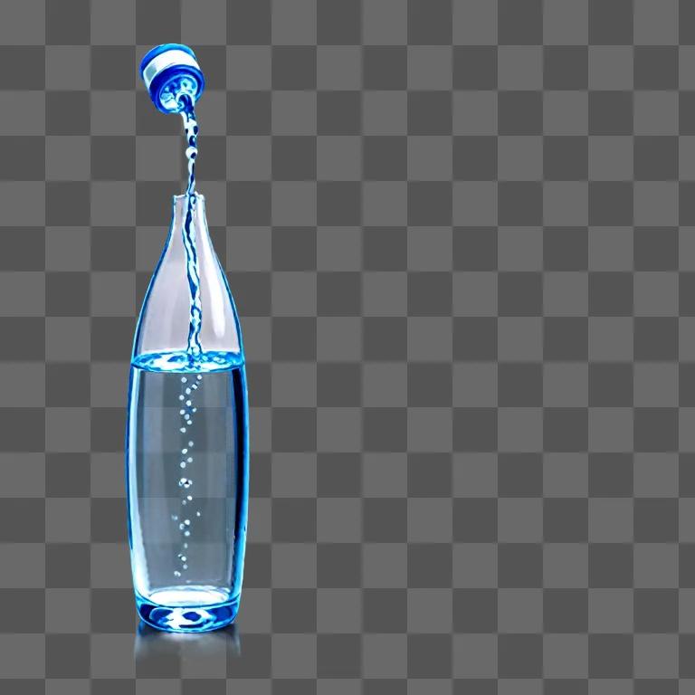 A clear water bottle spilling water on a blue background