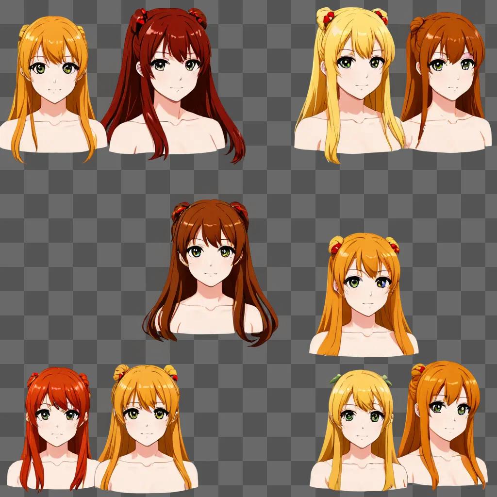 A collection of anime girl hairstyles on a brown background