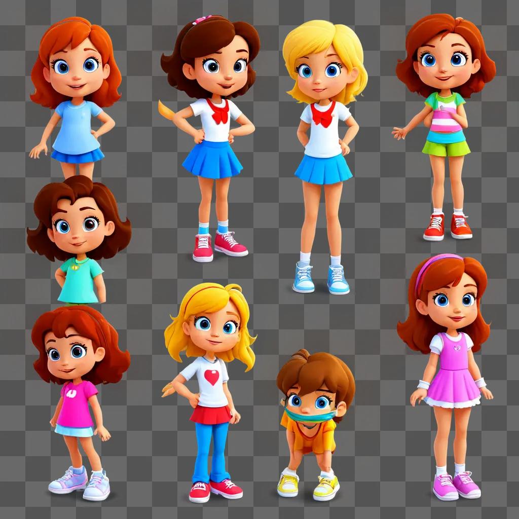 A collection of cartoon girl characters in various poses and outfits