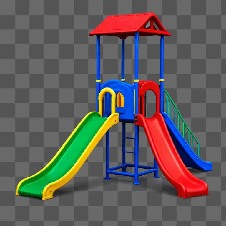 A colorful, child-friendly play structure with two slides