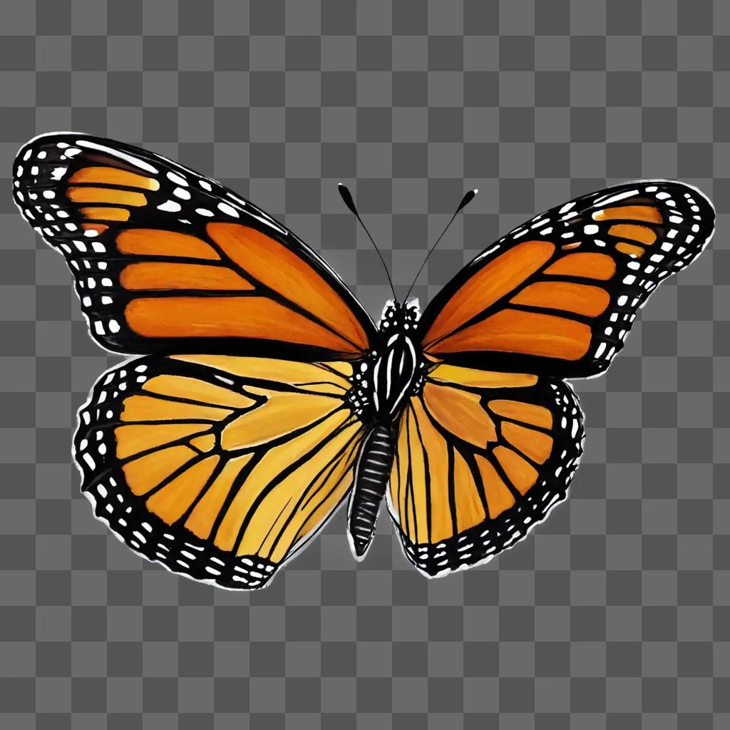 A colorful Monarch butterfly drawing on a brown background