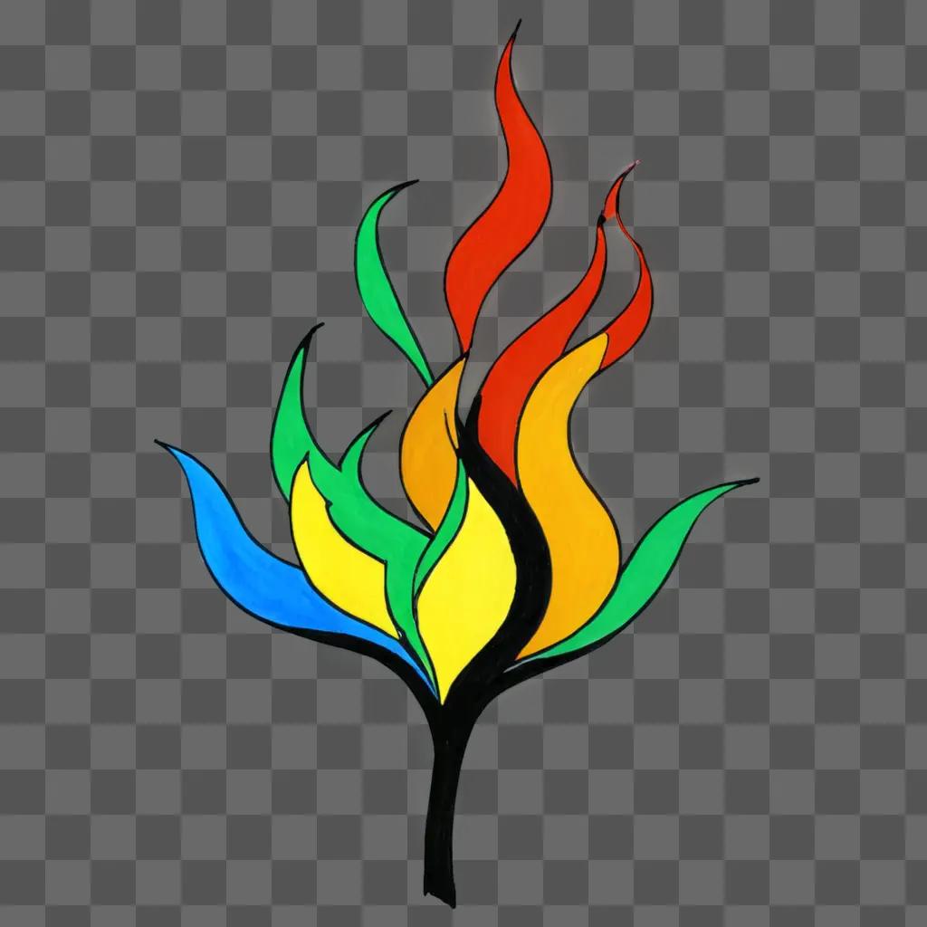 A colorful drawing of a fire with leaves