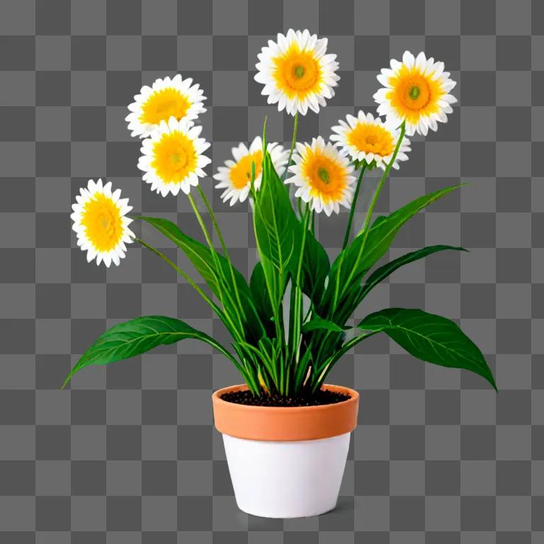 A colorful flower pot with daisies inside