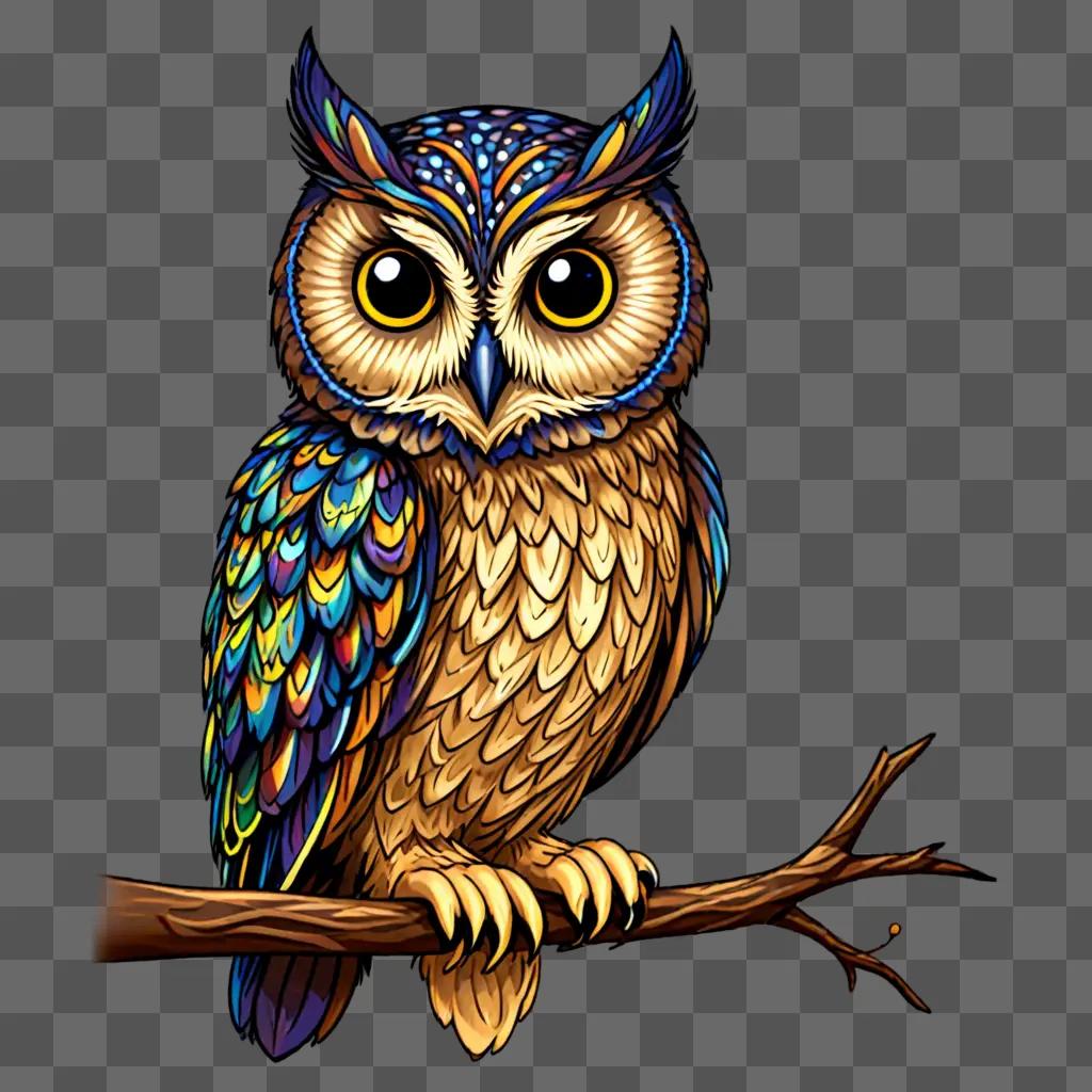 A colorful owl perches on a branch