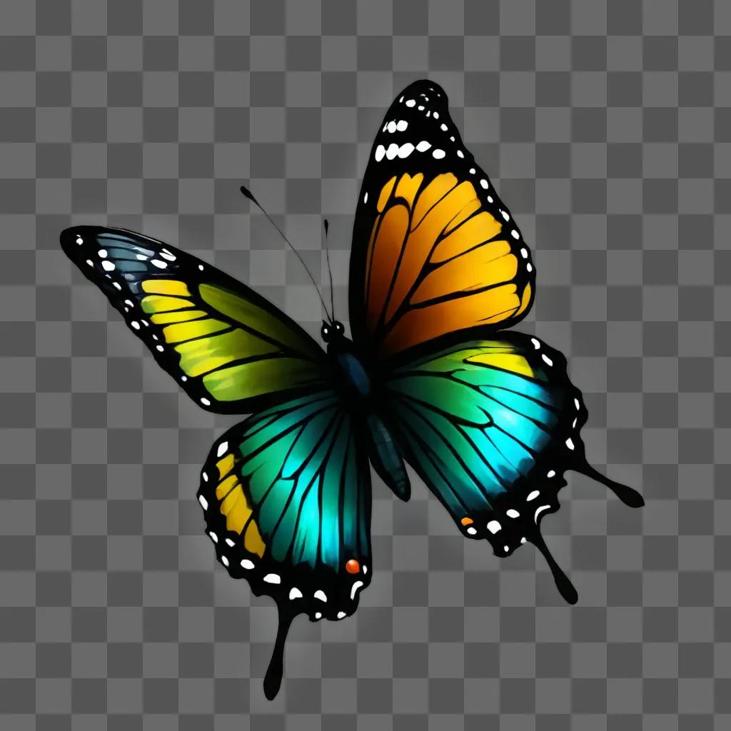 A colorful simple butterfly drawing on a green background