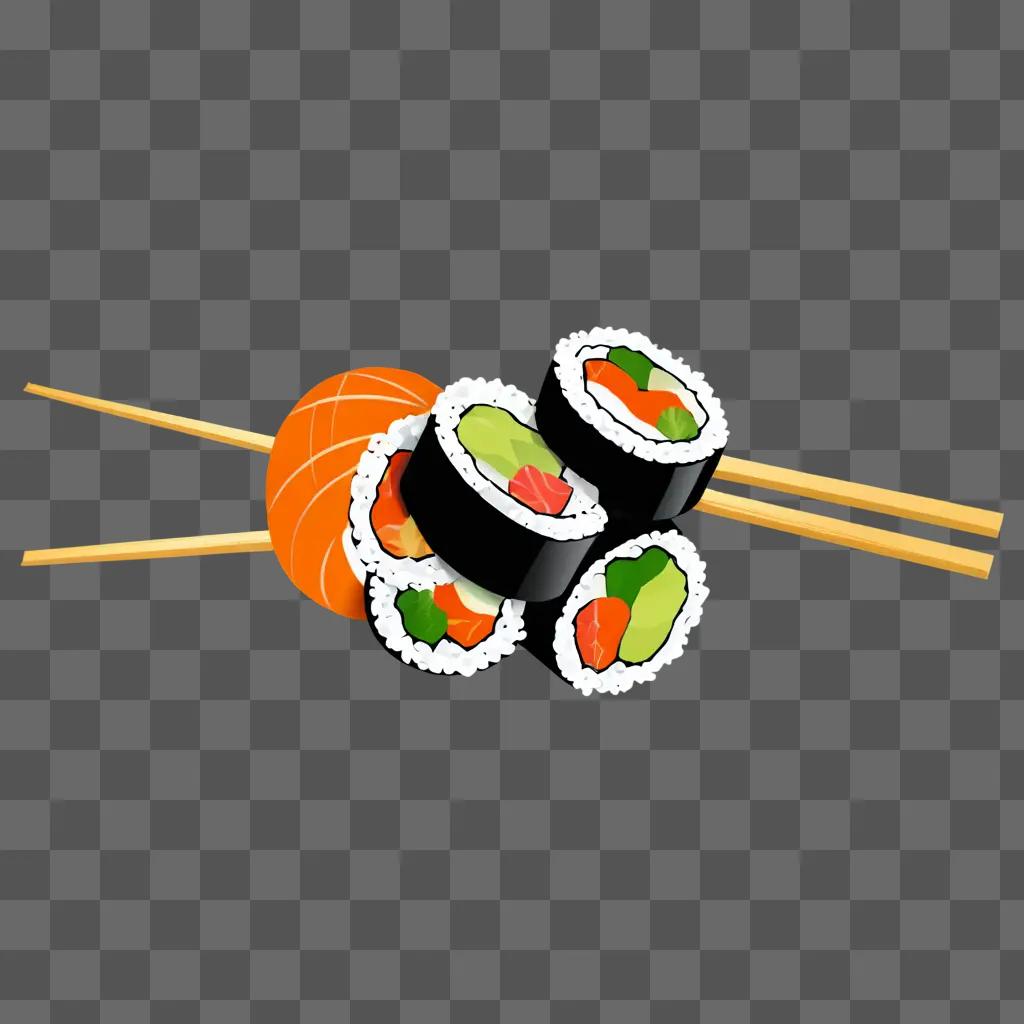 A colorful sushi illustration on a brown background