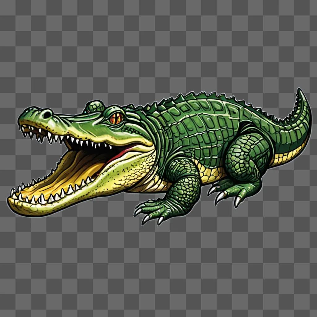 A coy alligator drawing with open mouth and yellow eyes