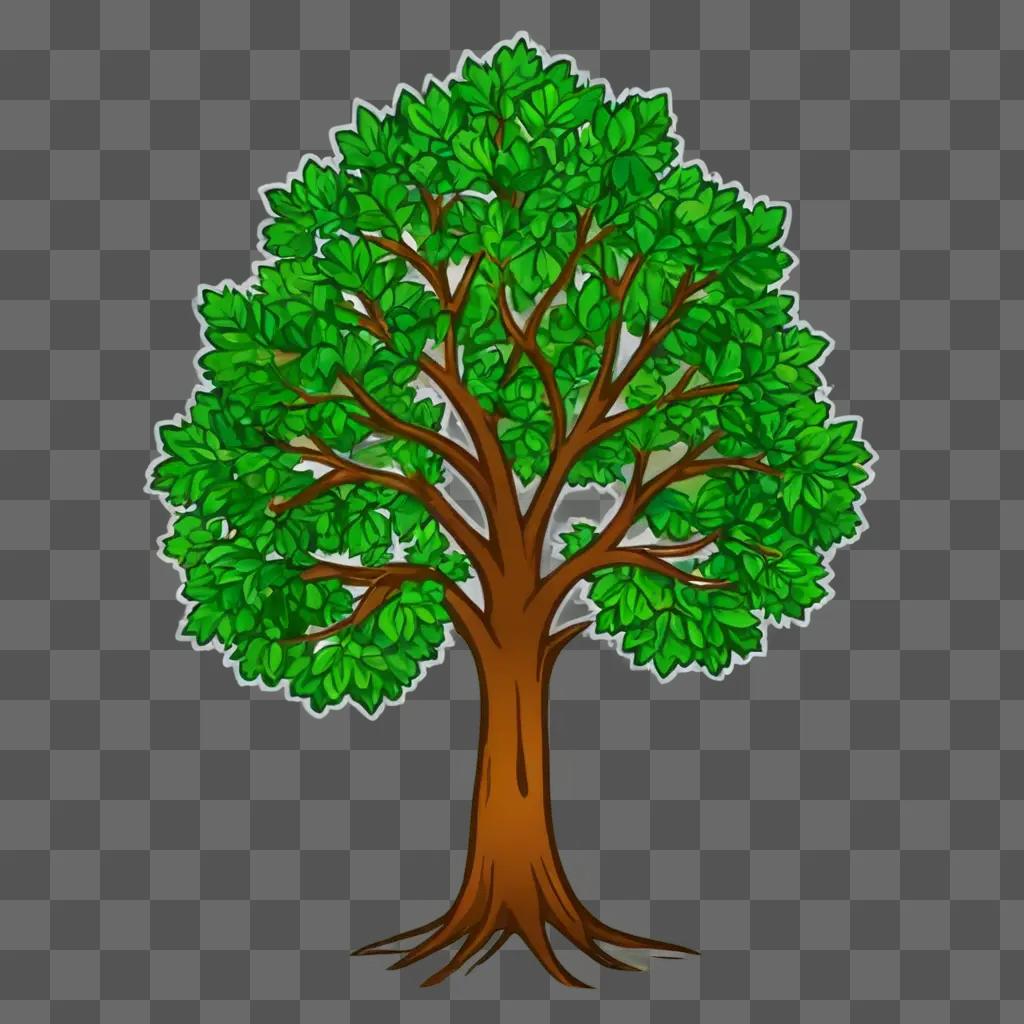 A coy tree drawing is displayed on a green background