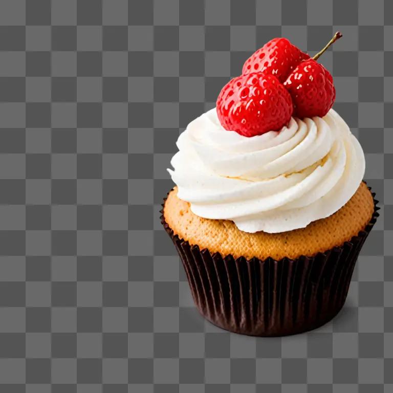 A cupcake with berries and whipped cream on a brown background