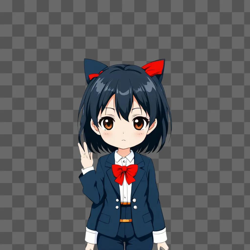 A cute anime girl in a suit gives a peace sign