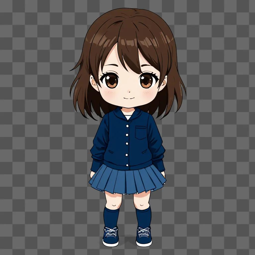 A cute anime-style chibi character illustration of a girl in a blue sweater and skirt