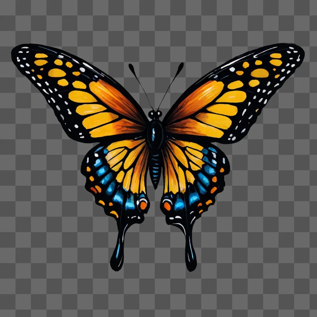 A cute butterfly drawing with black and orange wings