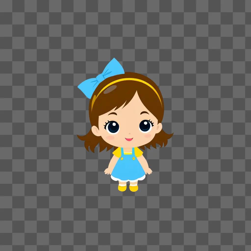 A cute cartoon girl wearing a blue bow and overalls