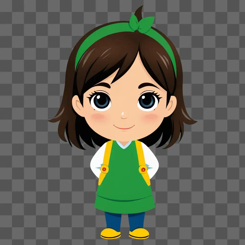 A cute cartoon girl with a green dress and yellow shoes