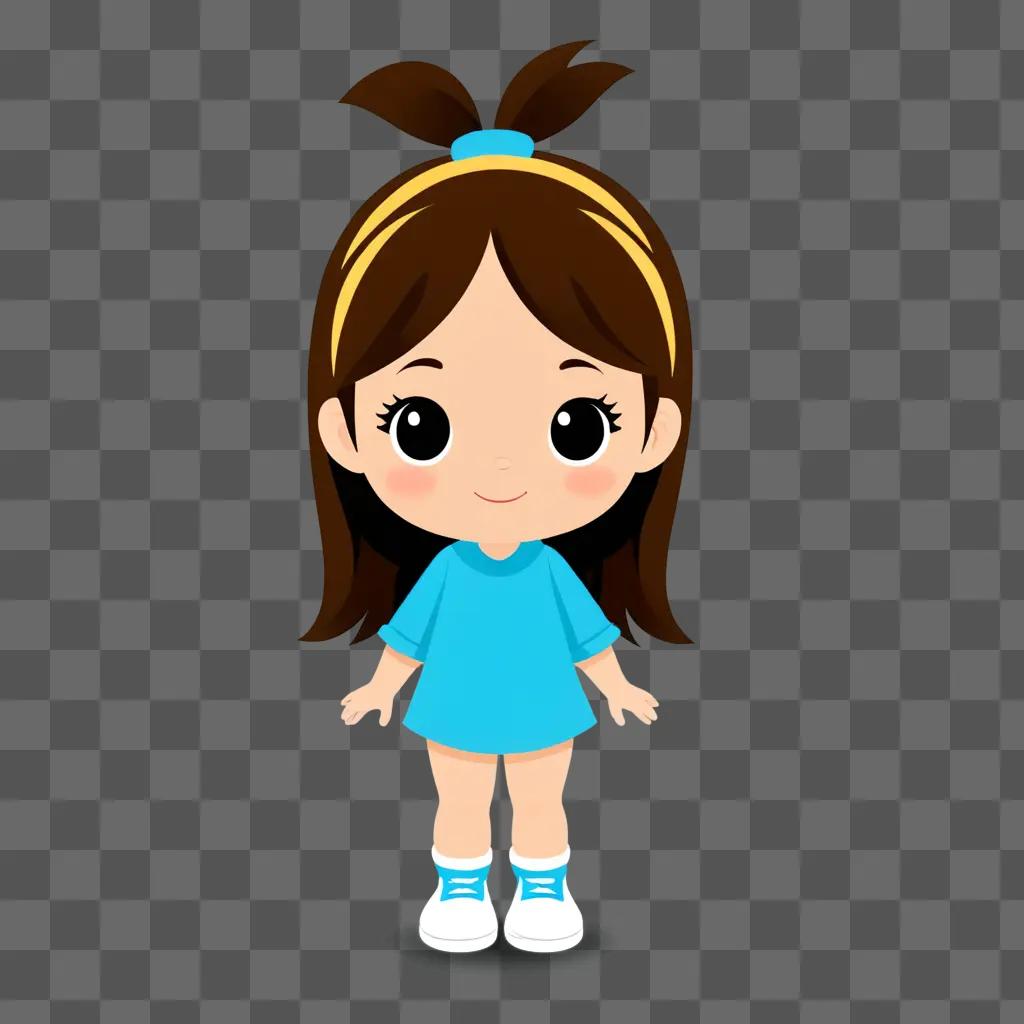 A cute cartoon girl with a headband and blue dress