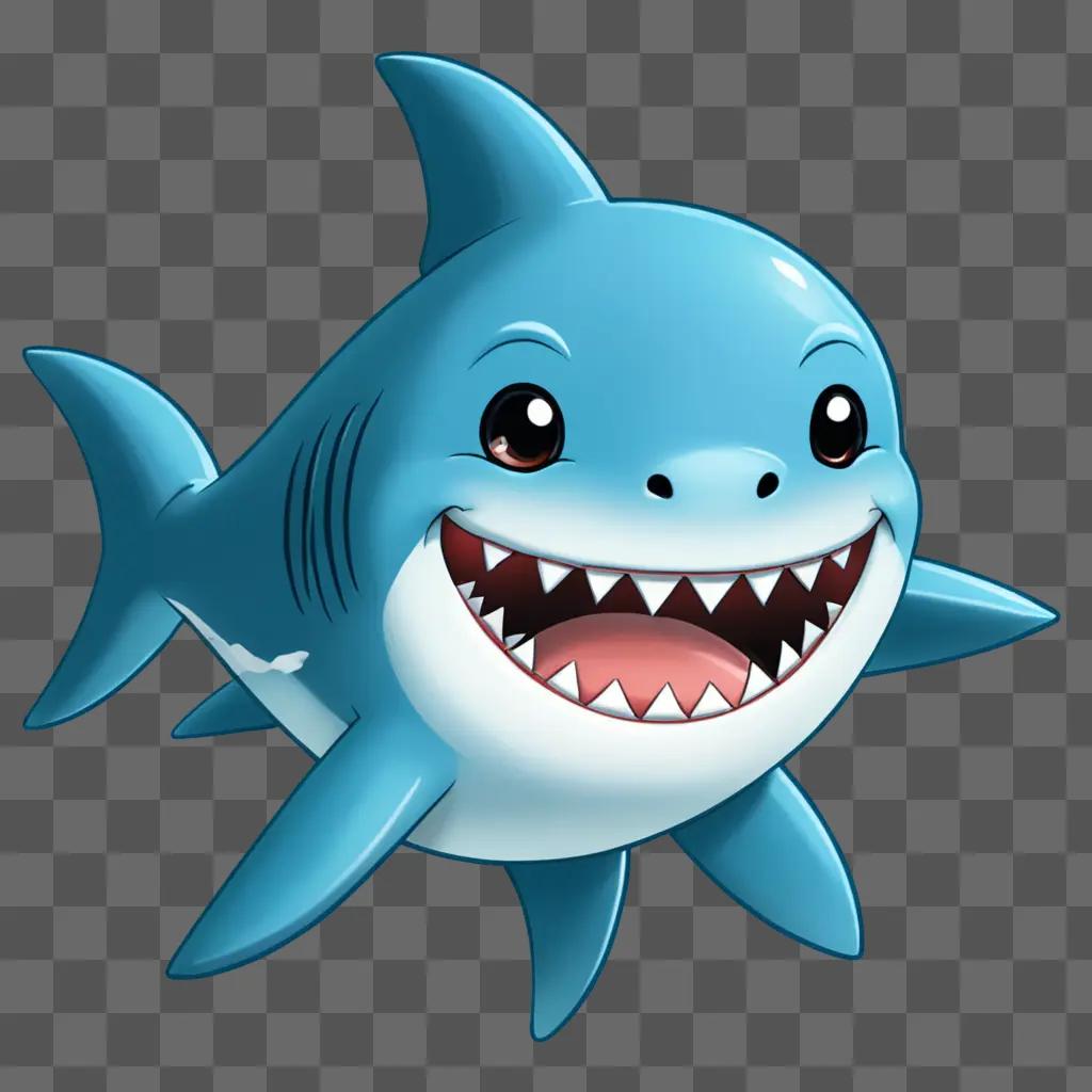 A cute cartoon shark with a big smile on a blue background