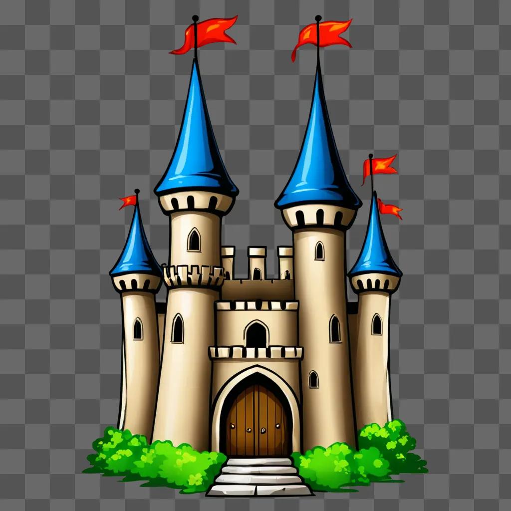 A cute castle drawing with red flags