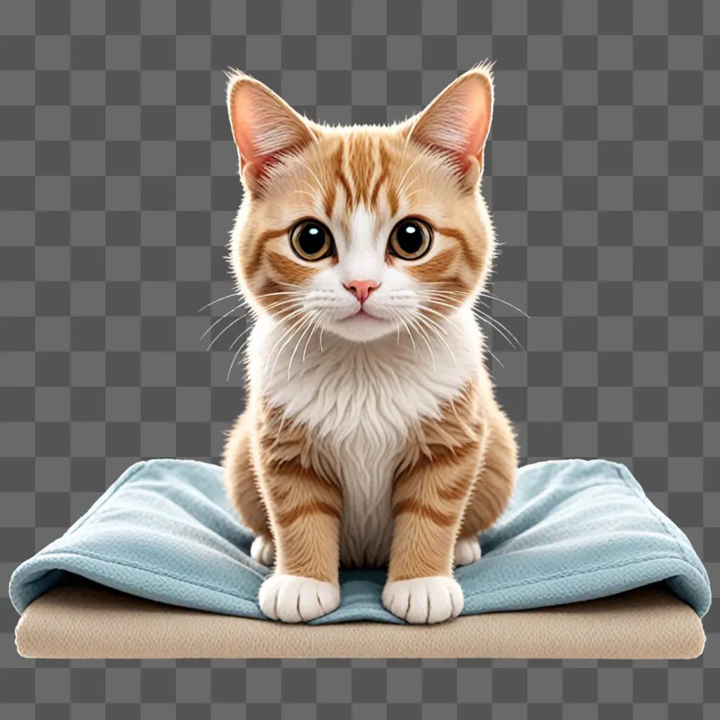 A cute cat sits on a blue pillow