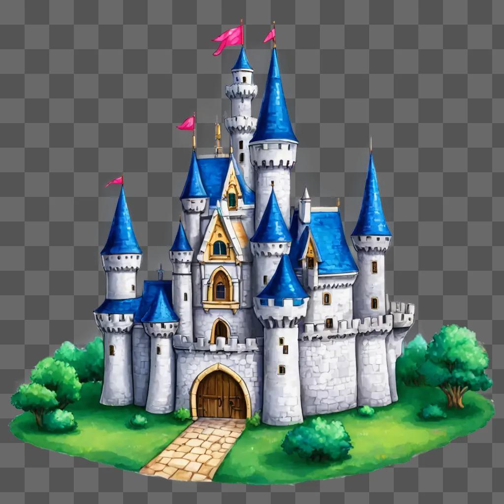 A cute drawing of a castle with a pink flag