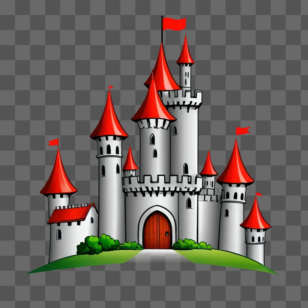 A cute drawing of a castle with red roofs and towers