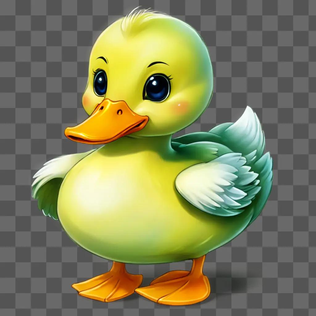 A cute duck drawing with a green face and yellow body