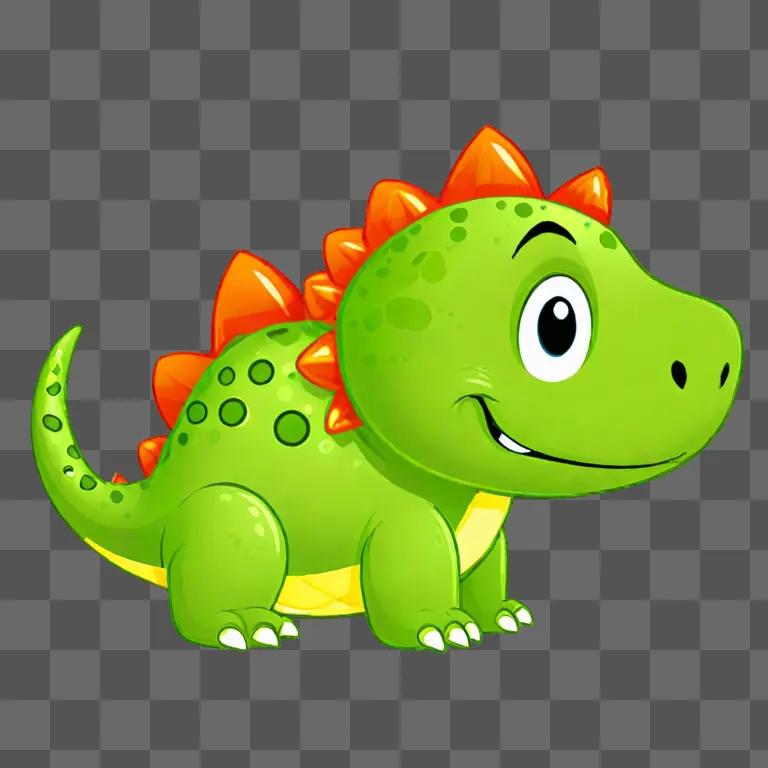 A cute green dinosaur print with orange spikes