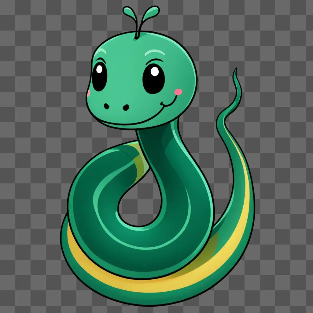 A cute green snake with a pink face and yellow stripes