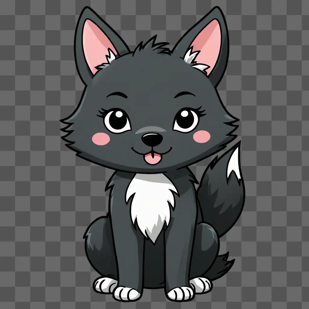 A cute grey wolf drawing on a dark background