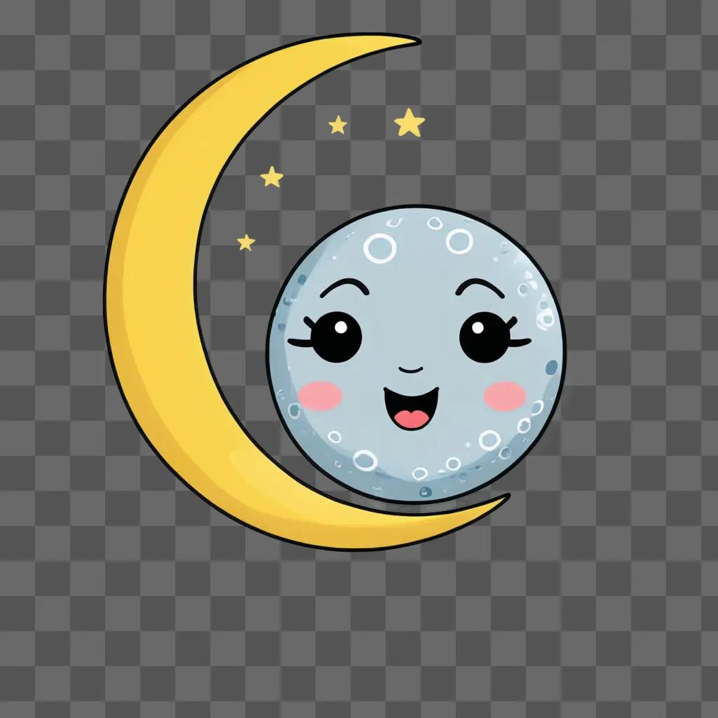 A cute kawaii drawing of a moon with a face