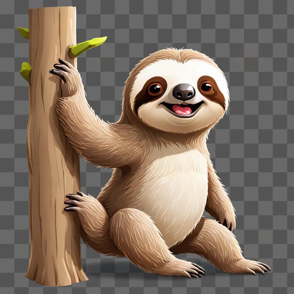 A cute sloth cartoon character is hanging on a tree