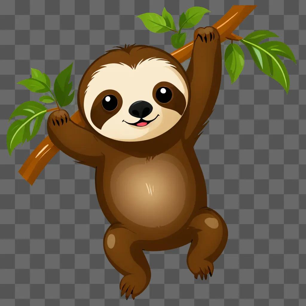 A cute sloth cartoon hanging from a tree branch