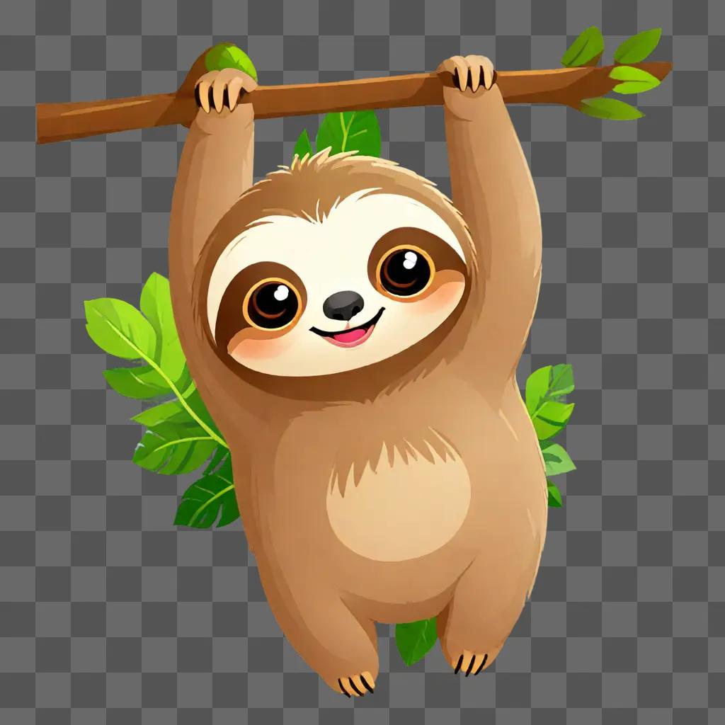 A cute sloth cartoon hangs from a branch