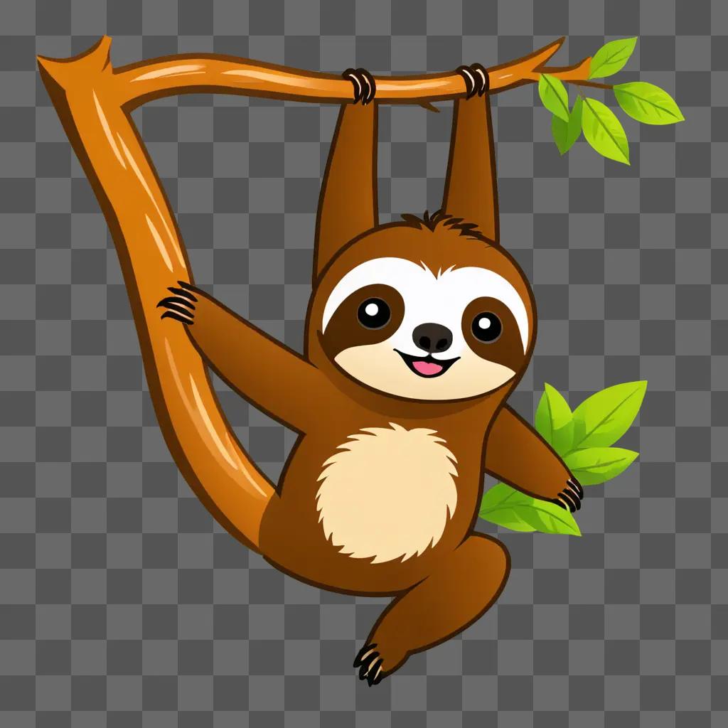 A cute sloth cartoon hangs from a tree